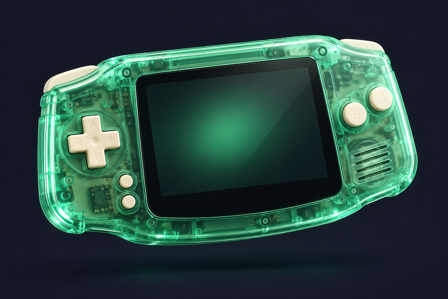 Illustrated translucent mint retro handheld console with cream buttons
